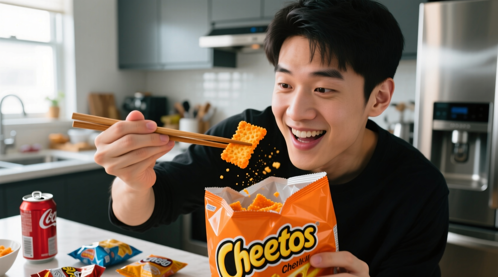 eat cheetos with chopsticks