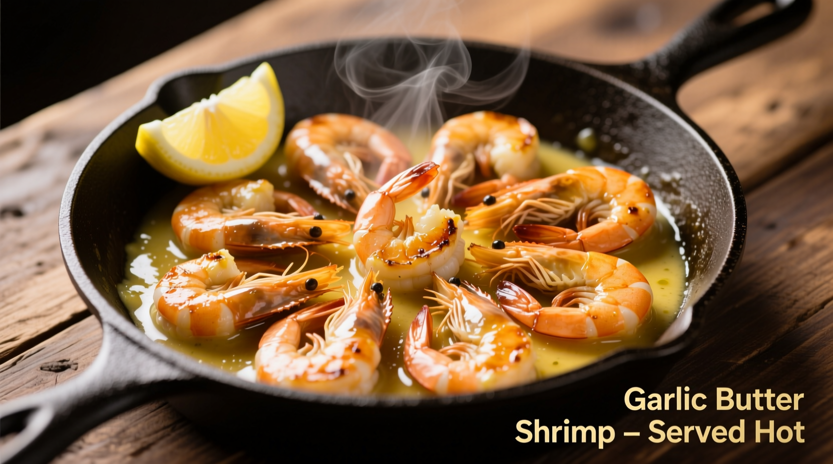 Perfectly cooked garlic shrimp in skillet with lemon wedges