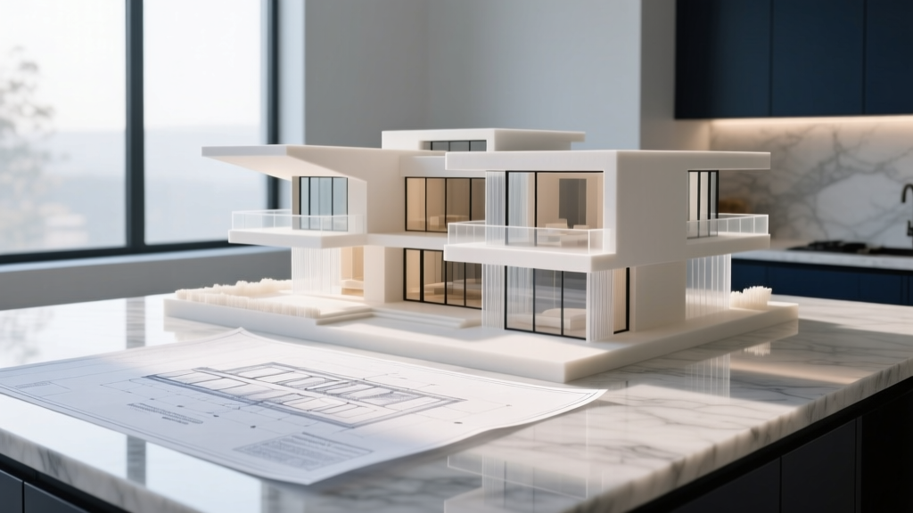 Blueprints on a marble counter beside a 3D-printed scale model of a modern luxury estate with floor-to-ceiling glass and cantilevered roofs.