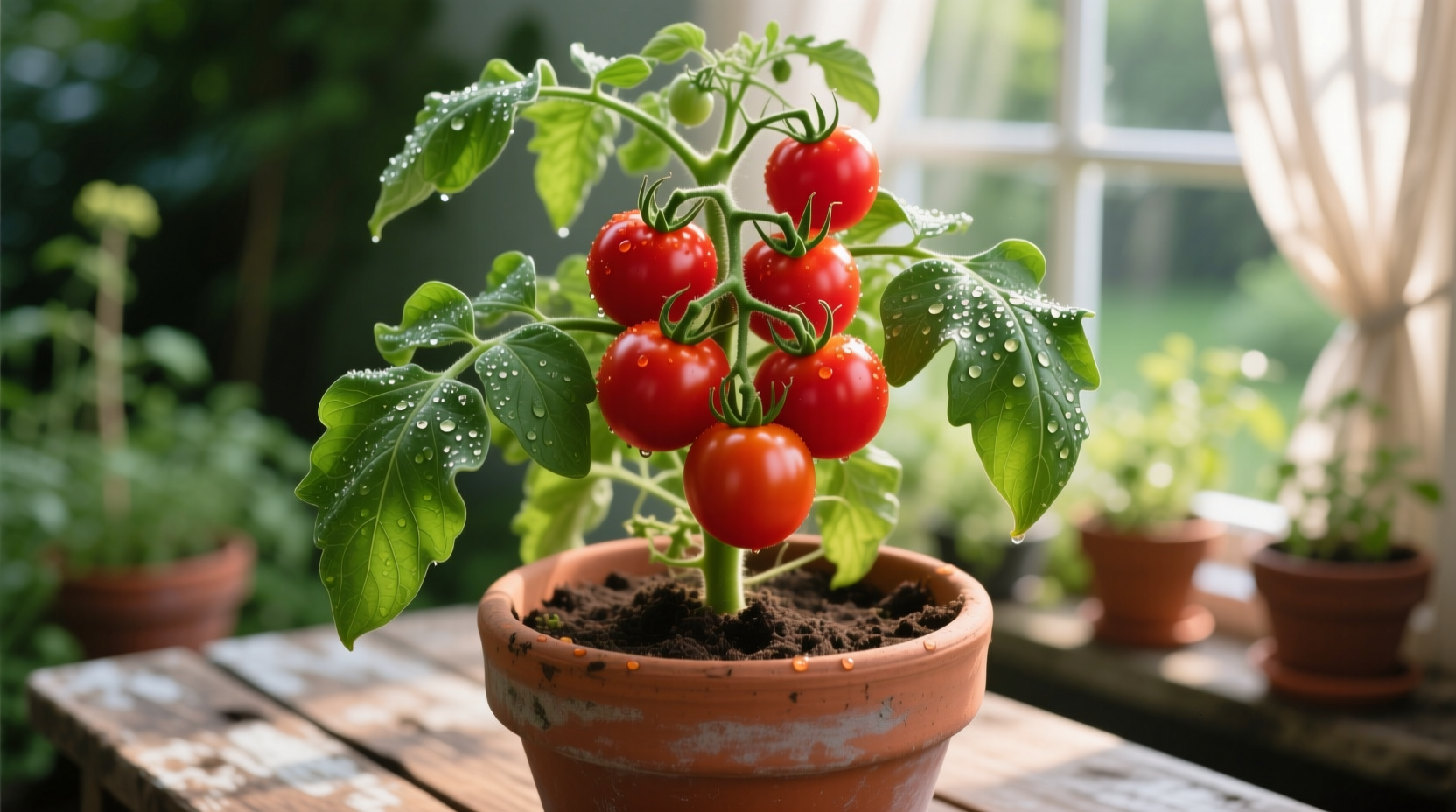 Healthy tomato plant growing in container with red fruits