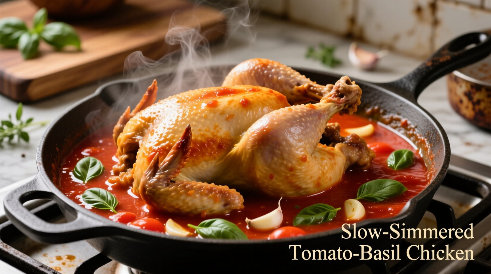 Chicken simmering in rich tomato basil sauce