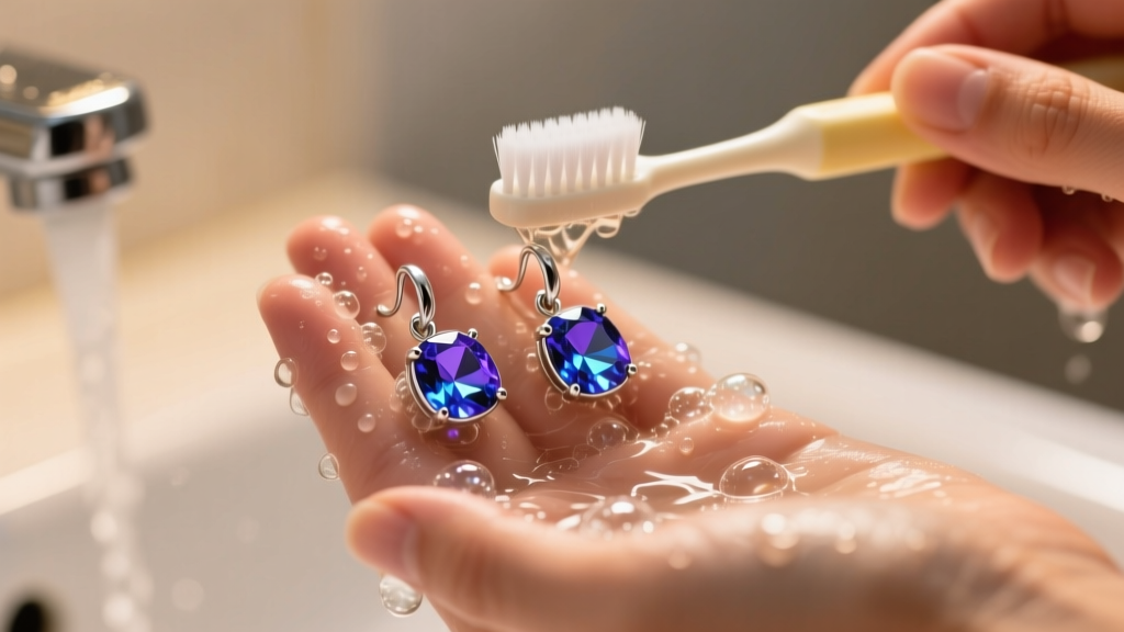 Hands washing silver mystic topaz earrings in soapy water with a soft baby toothbrush under warm, diffused bathroom lighting.