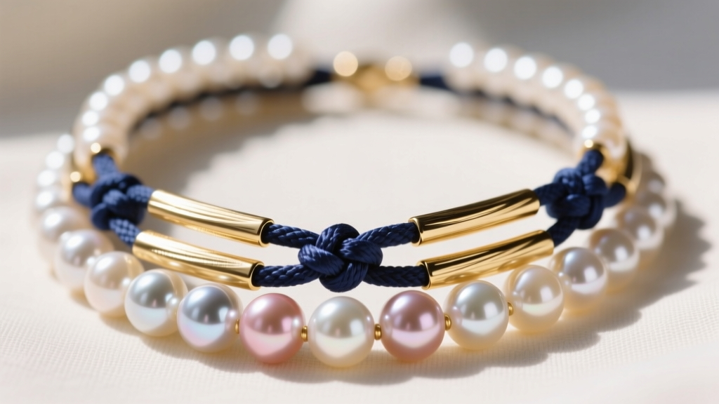 Macro shot of a three-strand Akoya pearl necklace multi layer design, showing 14k gold spacer bars and tight silk knots.