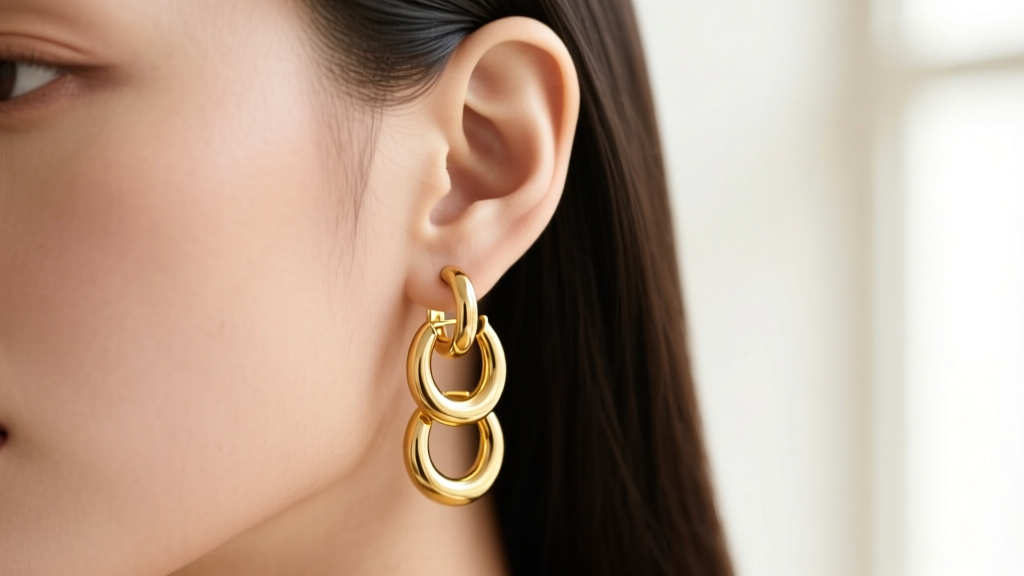 Close-up of three 14k yellow gold huggie hoop earrings stacked on a model's ear, highlighting the click-closure hinge mechanism.