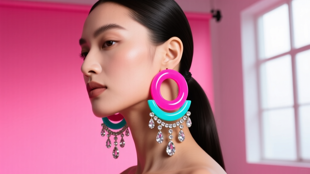 Model wearing oversized chunky neon resin hoop earrings and layered rhinestone drops against a vibrant pink studio backdrop