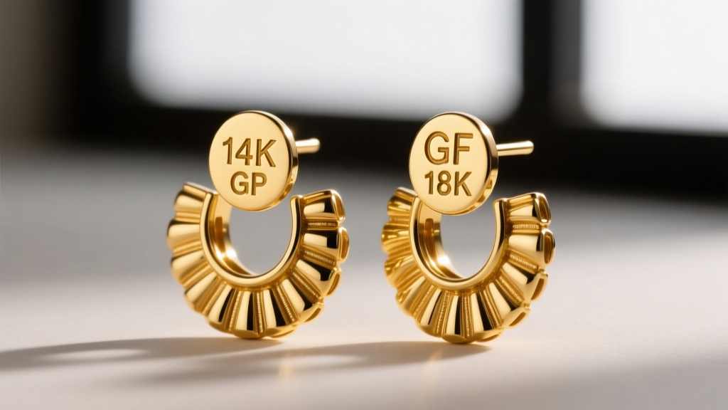 Macro shot of gold boho earring posts showing hallmarks for 14k solid gold, thick gold vermeil, and standard gold plated brass