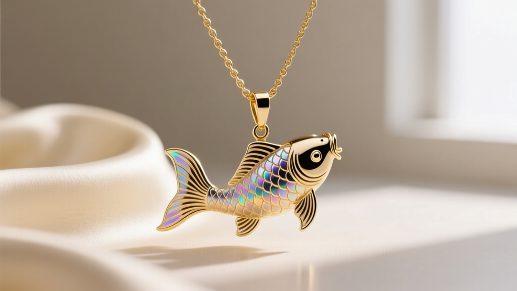 1.5mm gold box chain threading through the hidden bail of a 3D koi pendant, resting on a soft cream silk fabric backdrop.