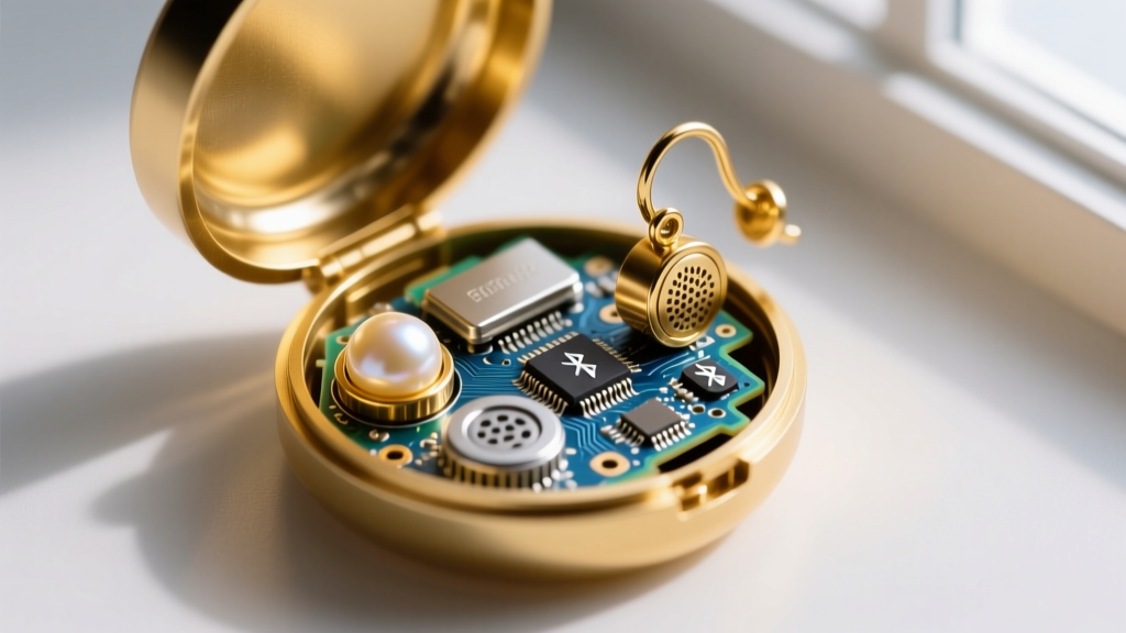 Detailed macro photo of a micro-battery, directional speaker, and Bluetooth chip inside a disassembled gold pearl earring casing.