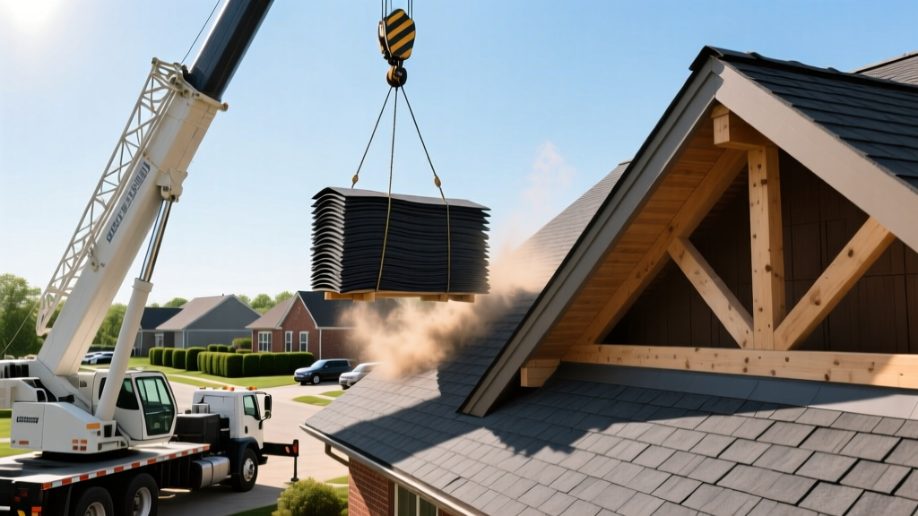 Crane truck lifting pallets of architectural asphalt shingles onto a steep residential roof in Sterling Heights Michigan