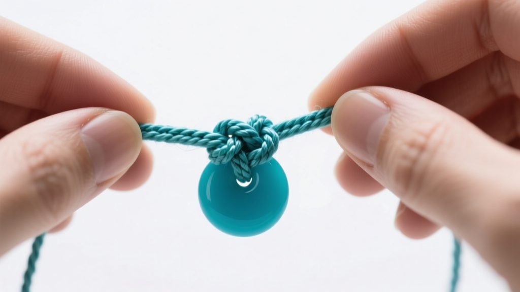 Hands tying a micro-macrame square knot using 0.5mm waxed hemp cord around a turquoise pendant under bright studio lighting setup