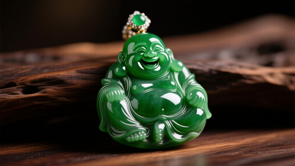 Carved green jade laughing buddha pendant on dark wood, lit by soft warm directional lighting, macro jewelry photography.