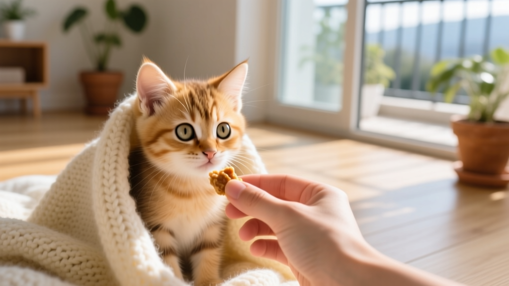 A gentle hand offering a treat to a small, wide-eyed kitten hiding slightly behind a soft blanket