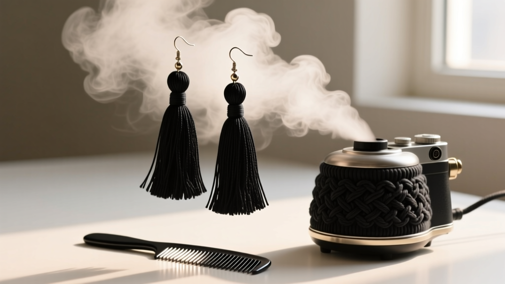 A pair of black cotton thread tassel earrings being gently steamed over a fabric steamer, with a fine-tooth comb resting nearby