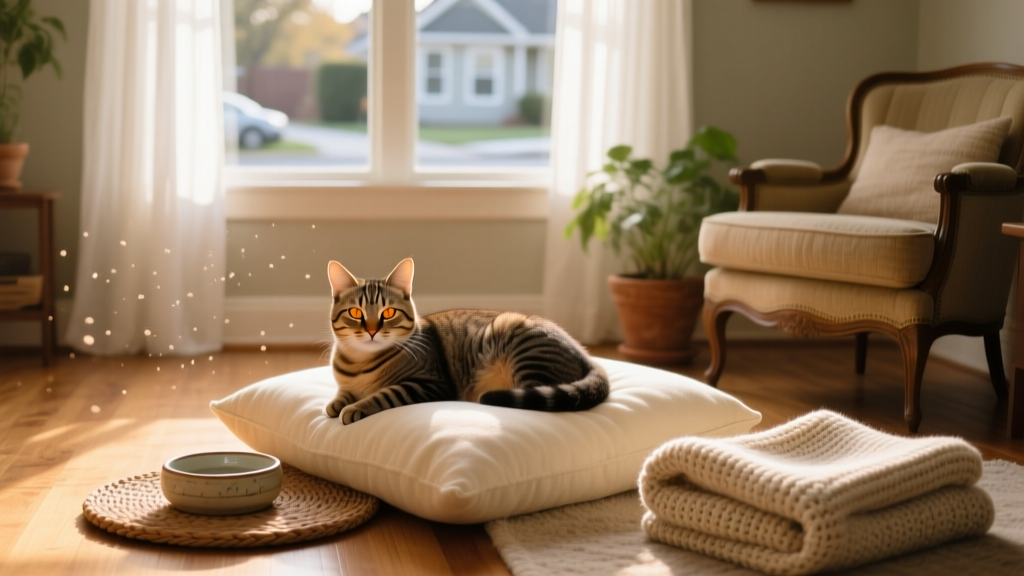 A calm cat resting in a cozy, softly lit room with a window, water bowl, and soft bedding