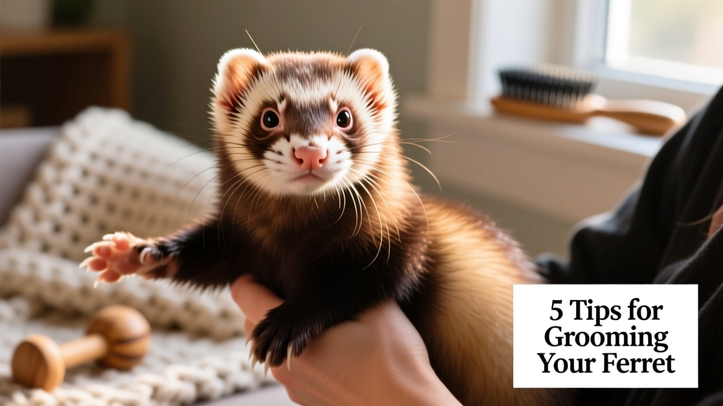 Close-up of a healthy ferret being gently held while its coat is inspected