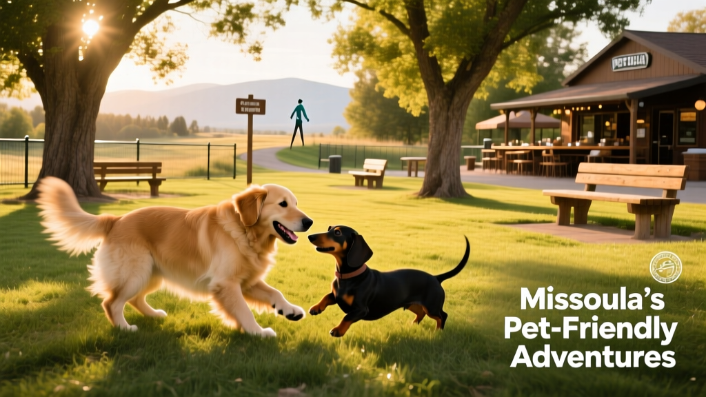 Two dogs playing together in a grassy, fenced dog park with trees and benches nearby