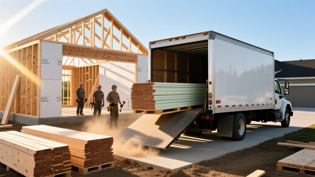 Flatbed delivery truck dropping a pallet of dimensional lumber and drywall sheets at an active residential framing site on a sunny morning.