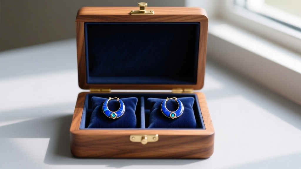 Open wooden jewelry box showing blue lapis hoop earrings stored safely inside individual soft velvet pouches to prevent scratching