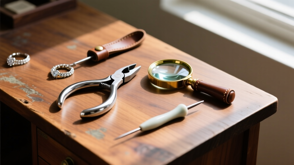 Flat lay of jewelry repair tools including round-nose pliers, a magnifying loupe, and a ceramic soldering pick on a wooden desk.