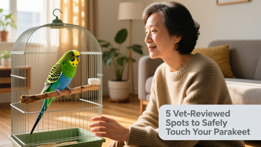 A person sitting quietly beside an open cage, hand resting nearby while a parakeet watches curiously from a perch