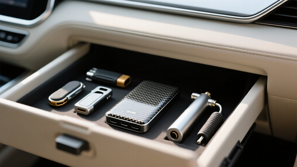 Open car glovebox displaying ultra-compact everyday carry gadgets, featuring a sleek carbon fiber power bank and mini tire inflator.