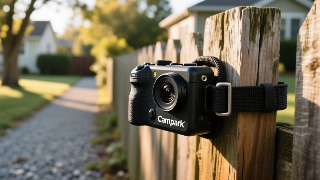 Close-up of a Campark mini trail cam strapped to a wooden fence post, angled downward toward a backyard pathway for motion detection.
