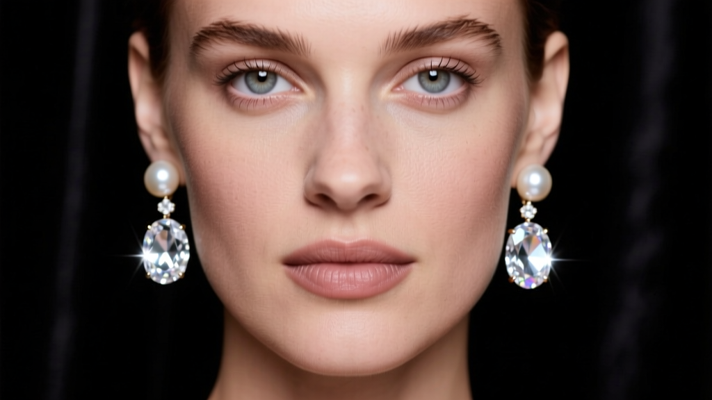 Emma Lincoln crystal and pearl drop earrings on dark velvet, lit by soft studio lighting to highlight the intricate glass facets