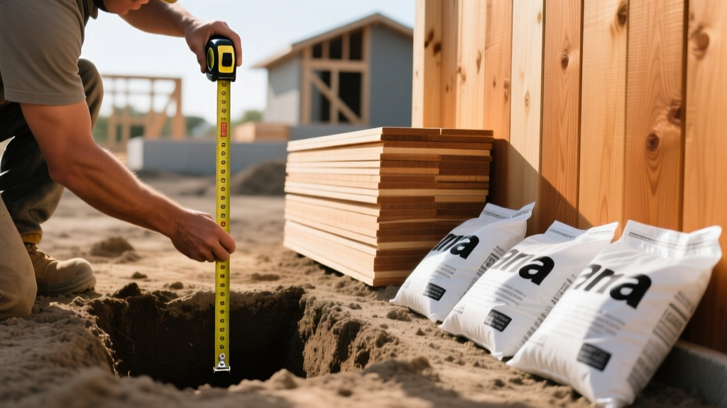 Contractor measuring post hole depth with a tape measure next to stacked pressure-treated pine privacy fence panels and bags of concrete