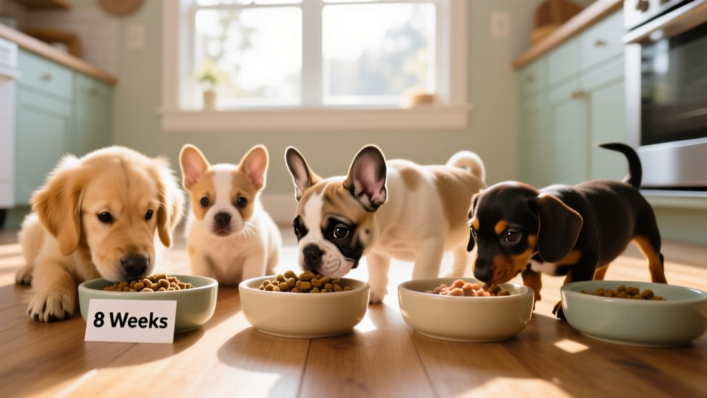 Eight-week-old puppies eating from individual shallow bowls filled with moistened kibble and wet puppy food