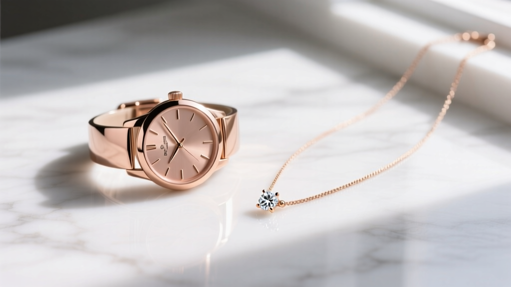 A 38mm rose gold dress watch resting beside a delicate 14k rose gold cable necklace with a diamond pendant on white marble.
