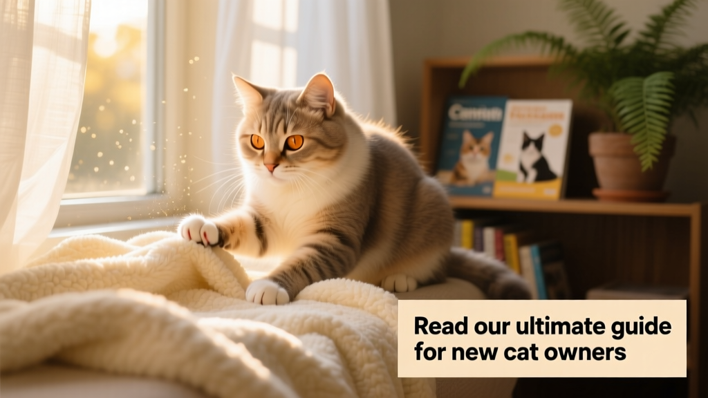 A relaxed cat kneading a soft blanket on a sunny windowsill