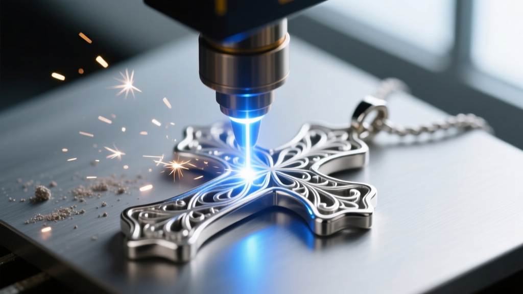 Macro photography of a 20-watt fiber laser engraving intricate filigree patterns onto a raw sterling silver cross pendant blank.
