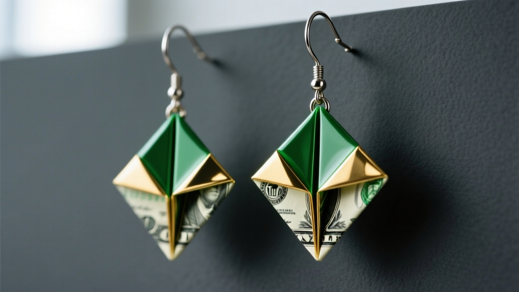 Origami dollar bill earrings coated in glossy UV resin, hanging from titanium ear wires against a dark slate background