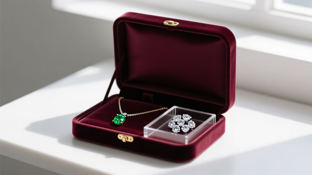 An open velvet jewelry box showing a peridot necklace stored separately from diamond pieces to prevent surface scratching.