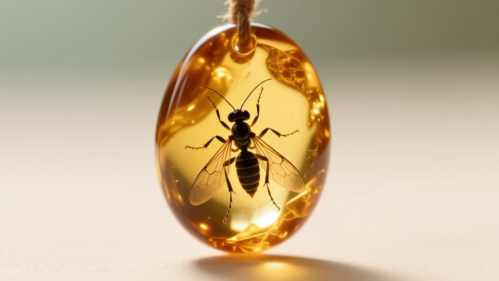Macro shot of a Baltic amber bead revealing a trapped insect inclusion, backlit to highlight its translucent golden organic hues.