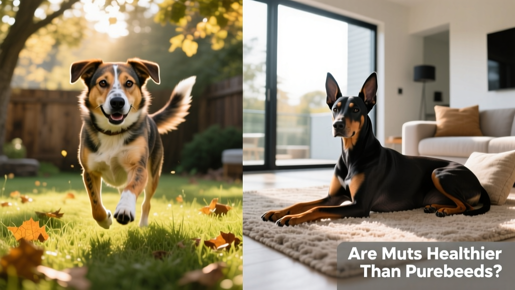 Side-by-side illustration of a healthy mixed-breed dog playing outdoors and a purebred dog resting calmly indoors