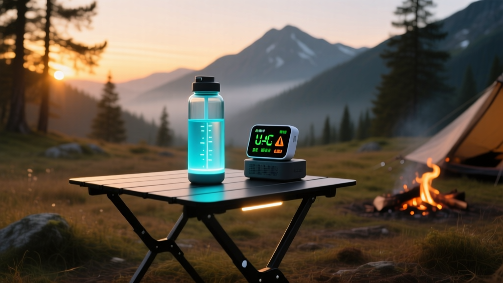 A rugged camping setup at dusk featuring a glowing UV-C smart water bottle and an AI air quality monitor resting on a foldable table.