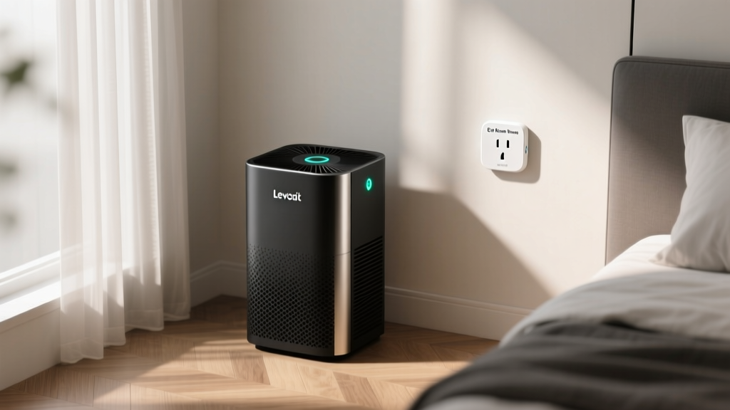 Kasa Matter smart plug connected to a Levoit HEPA air purifier in a bedroom corner with an Eve Room Thread sensor mounted on the adjacent wall