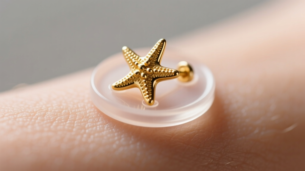 Macro shot of a clear silicone earring back supporting a gold starfish post, showing the wide base resting flush against the skin