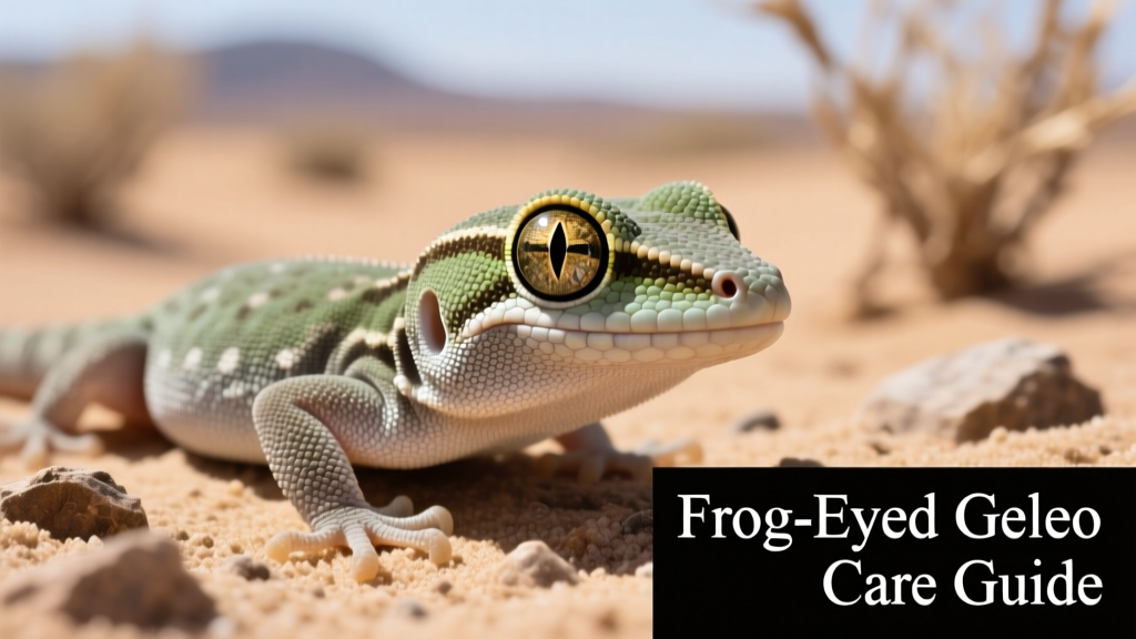 Close-up photo of a frog-eyed gecko resting on a textured desert-style substrate, highlighting its large, bulging eyes and granular skin