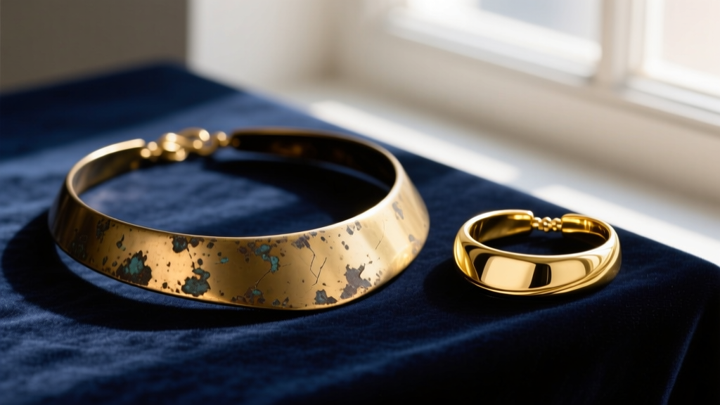 Tarnished brass fashion necklace beside pristine gold vermeil piece on velvet, highlighting plating wear and base metal oxidation.