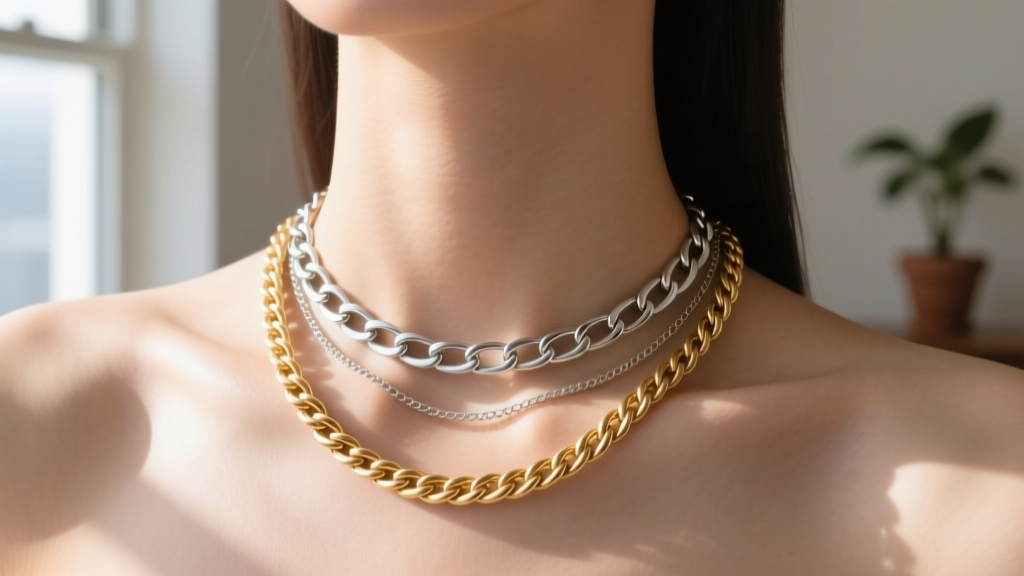 Close-up of a neck wearing a layered 14-inch sterling silver box chain choker and a 16-inch gold vermeil rope chain in daylight.