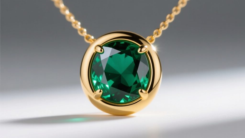 Macro shot of a 14k yellow gold bezel setting securing an emerald gem pendant necklace, showing the smooth metal rim against the stone.