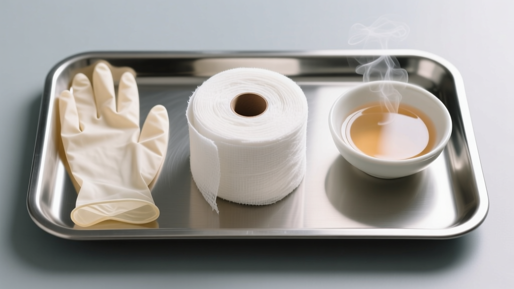 Top-down view of sterile gauze, a small bowl of warm sterile saline solution, and nitrile gloves arranged on a clean steel tray.
