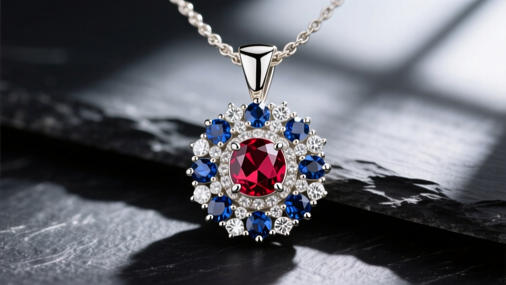 Close-up of a 14k white gold patriotic necklace pendant with bezel-set lab ruby, sapphire, and diamond on dark slate