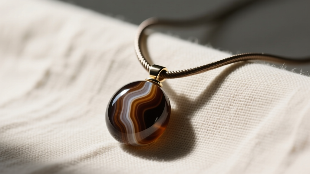 Side profile of a finished adjustable pendant necklace on linen cloth, showing a polished agate focal bead and melted cord ends