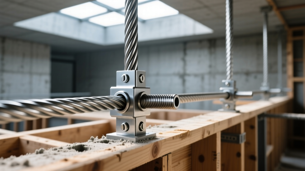 Close-up of exposed 0.6-inch steel post-tensioning tendons and anchorages inside a commercial concrete slab formwork before pouring