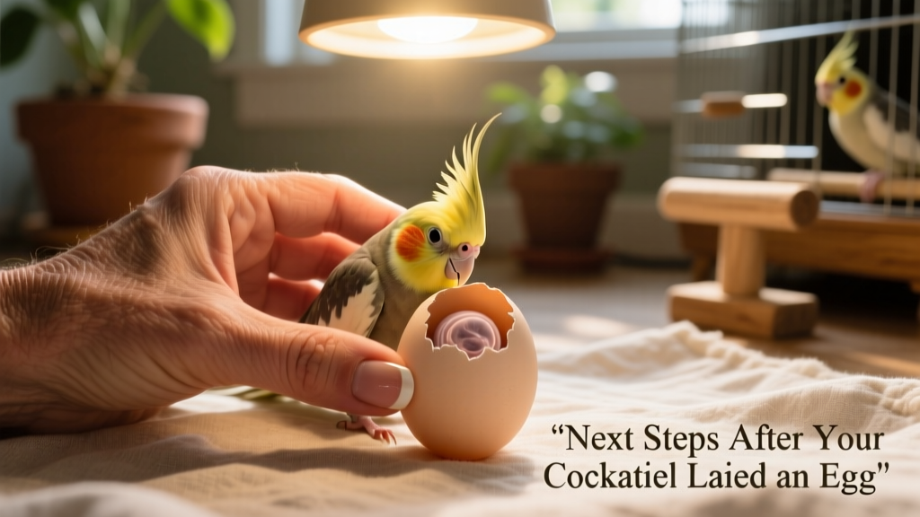 Close-up of a hand candling a cockatiel egg against a small LED light source