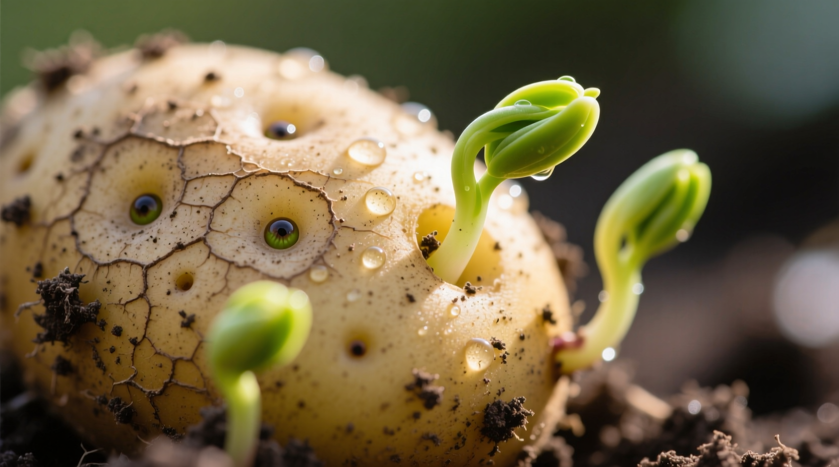 Close-up of sprouted potato with visible eyes and small sprouts