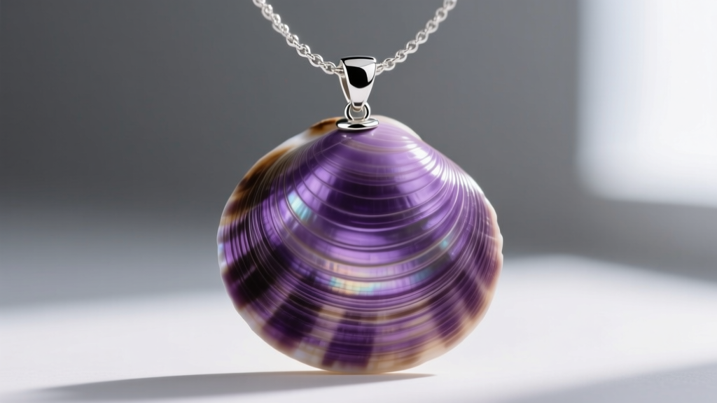 Close-up of a polished purple Quahog clam shell necklace showing growth rings and a sterling silver glue-on bail attachment.